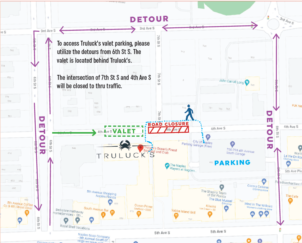 Map of construction outside of the Naples restaurant. There is temporary construction in our area. To reach our valet parking when headed south on 6th St. go left onto 4th Ave S or when heading north on 6th St. go right onto 4th Ave S. Valet is located on the north side of the restaurant on 4th Ave S.