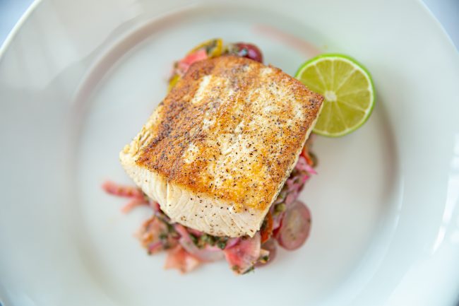 picture of DUTCH HAMACHI pan-seared mild fish with tomato, grape, mint, dill, and lime
