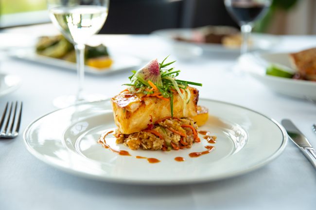 picture of MISO-GLAZED SEABASS crab fried rice, chilled cucumber slaw