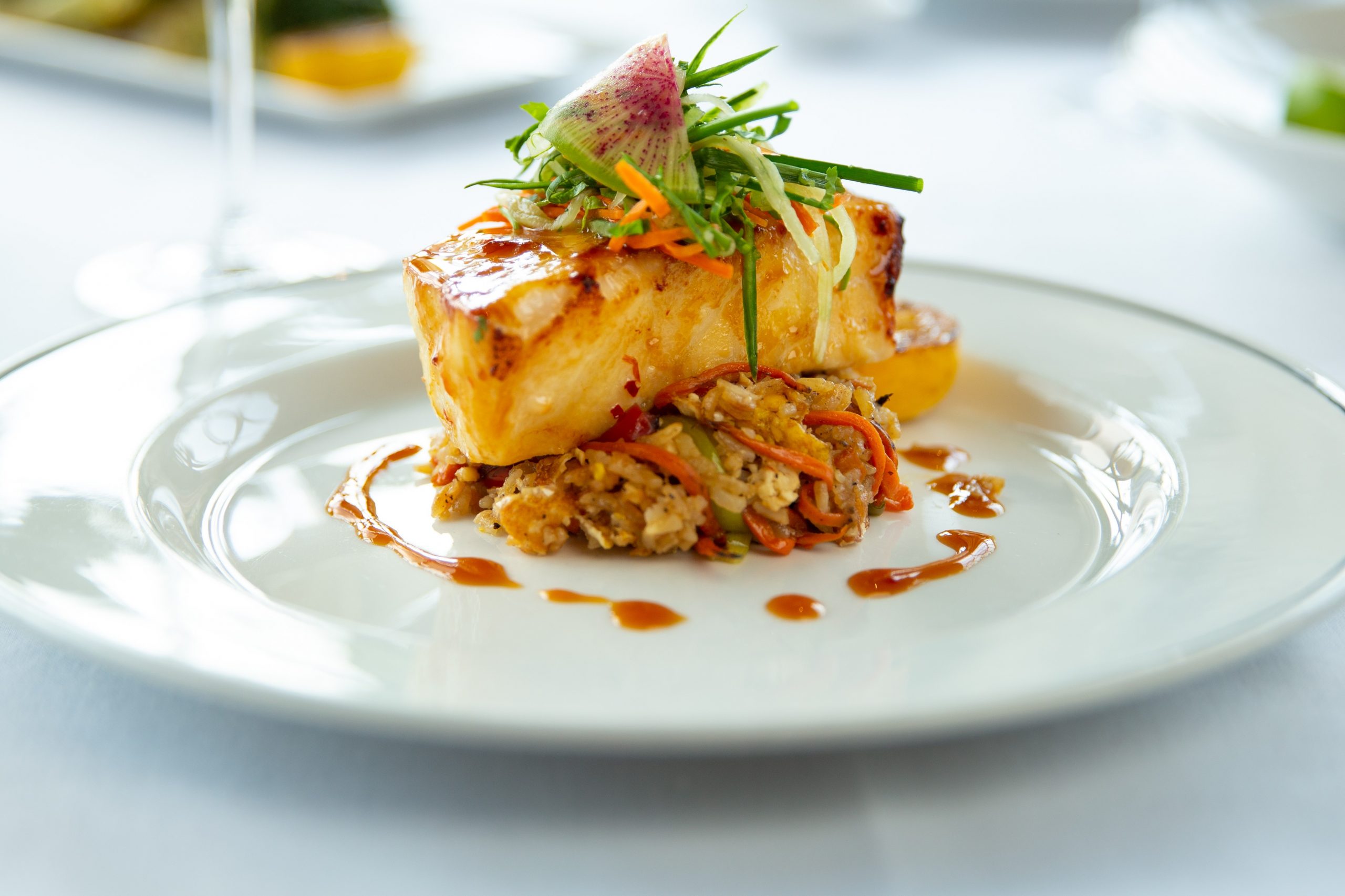 picture of Miso glazed seabass with crab fried rice and cucumber slaw