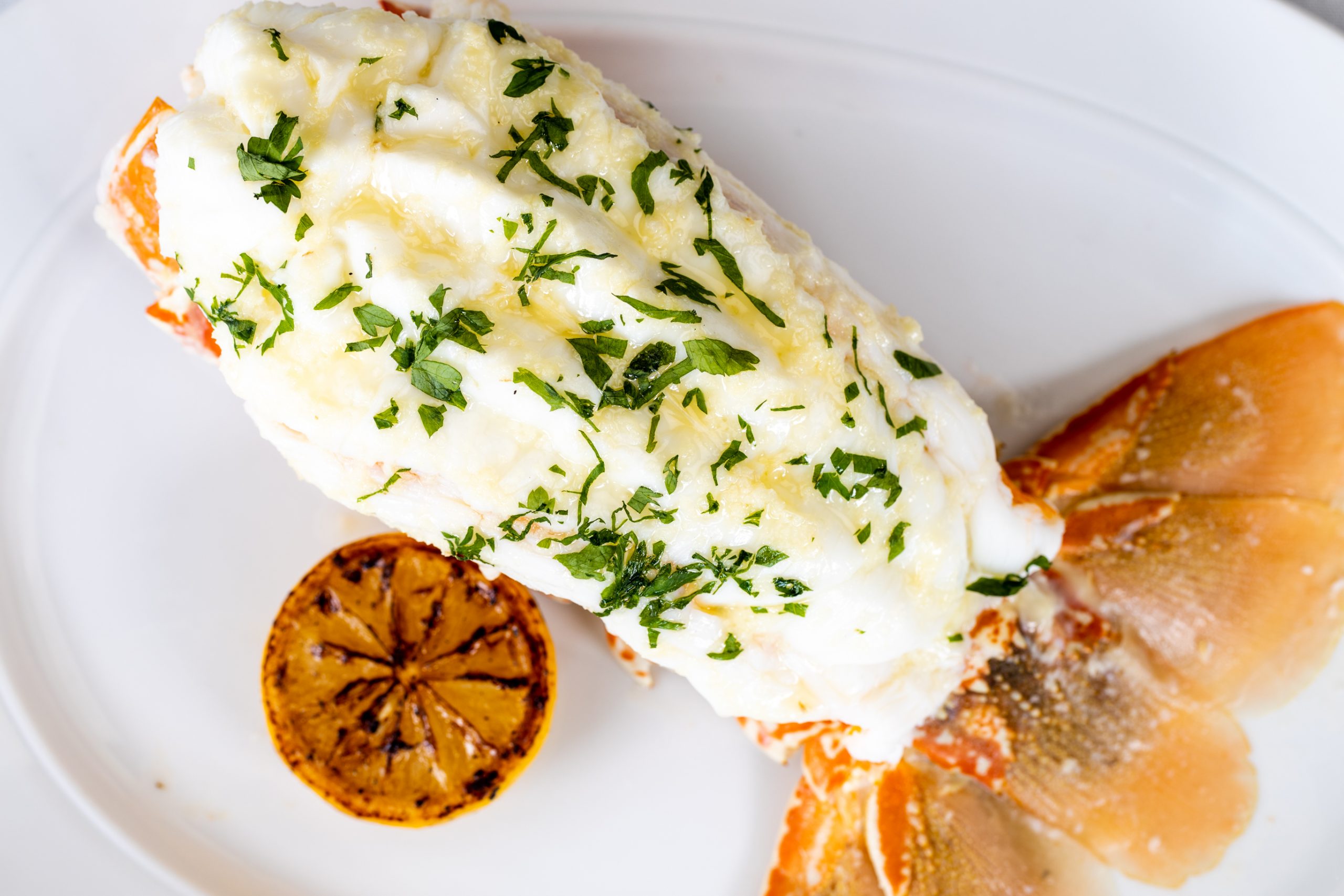 picture of South African lobster tail on a plate dressed in herbs with a lemon wheel