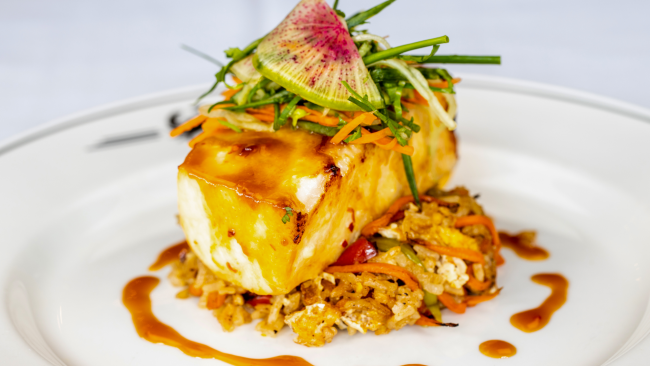 picture of miso glazed seabass with crab fried rice