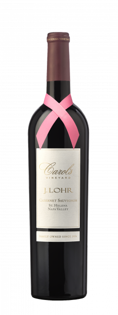 J. Lohr Carol's Vineyard Cabernet Sauvignon bottle with a pink breast cancer ribbon around the neck of the bottle