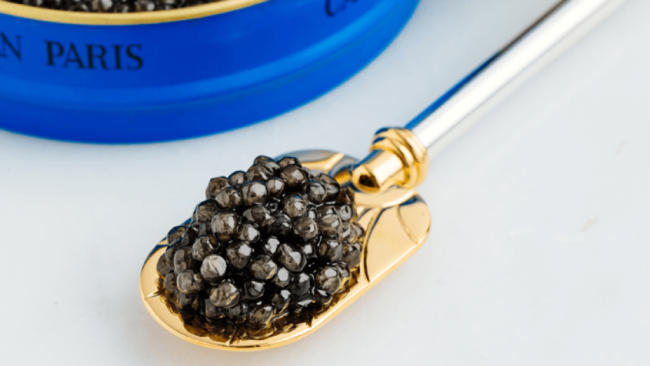 picture of Petrossian caviar up close on a gold and silver spoon with a tin of caviar in the background