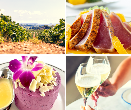 collage picture of Cava limited time offers including a picture of the vineyard vines, big eye tuna entree, blueberry vanilla cake dessert and two glasses of Cava clinking in a toast