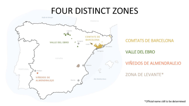 four distinct zomes, comtats de barcelona, valle del ebro, vinedos de almendralejo, zona de lavante