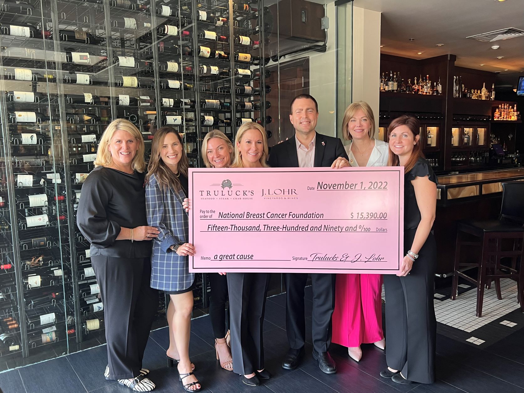 photo of the J. Lohr team and Dave Mattern with a 'big check' in the amount of $15,390 for National Breast Cancer Foundation