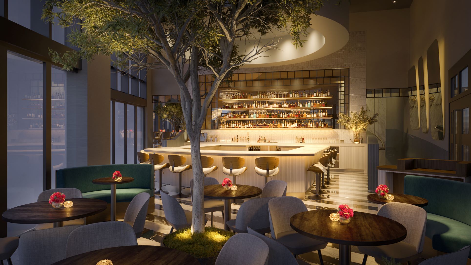 rendering of the Fort Lauderdale bar with a large tree in he interior bar area