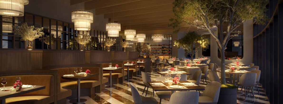 Rendering of the Fort Lauderdale dining room with chandeliers, booths, tables and chairs