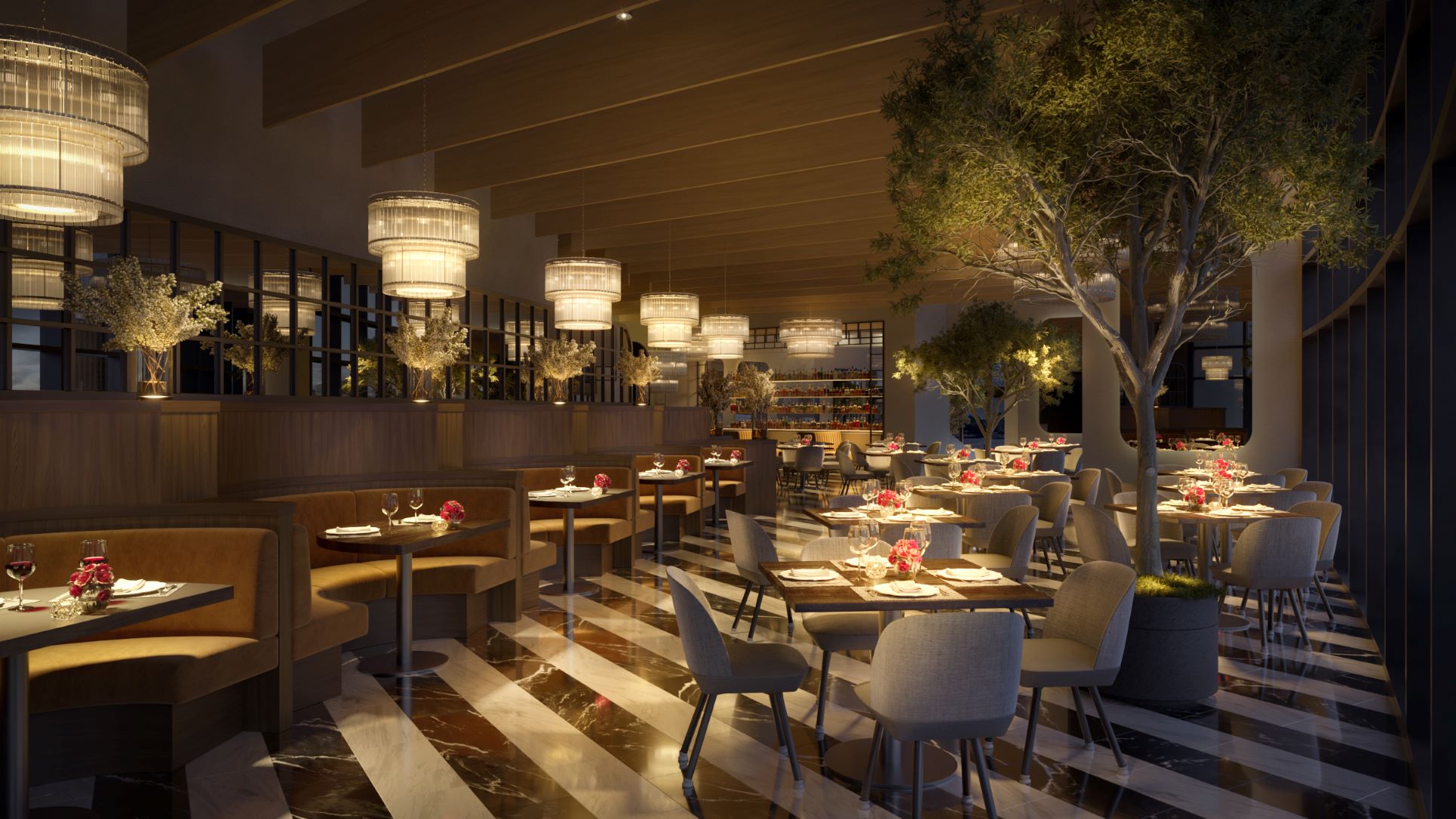 Rendering of the Fort Lauderdale dining room with chandeliers, booths, tables and chairs