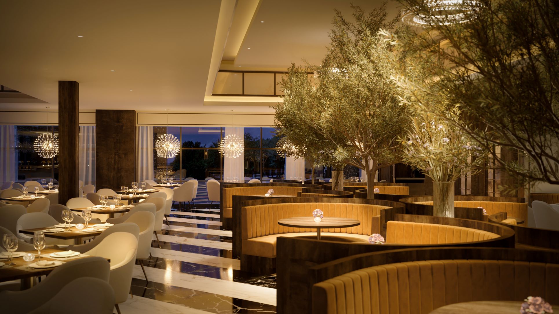 rendering of Truluck's plano dining room with u shaped booths, tables and chairs and trees in the main dining room