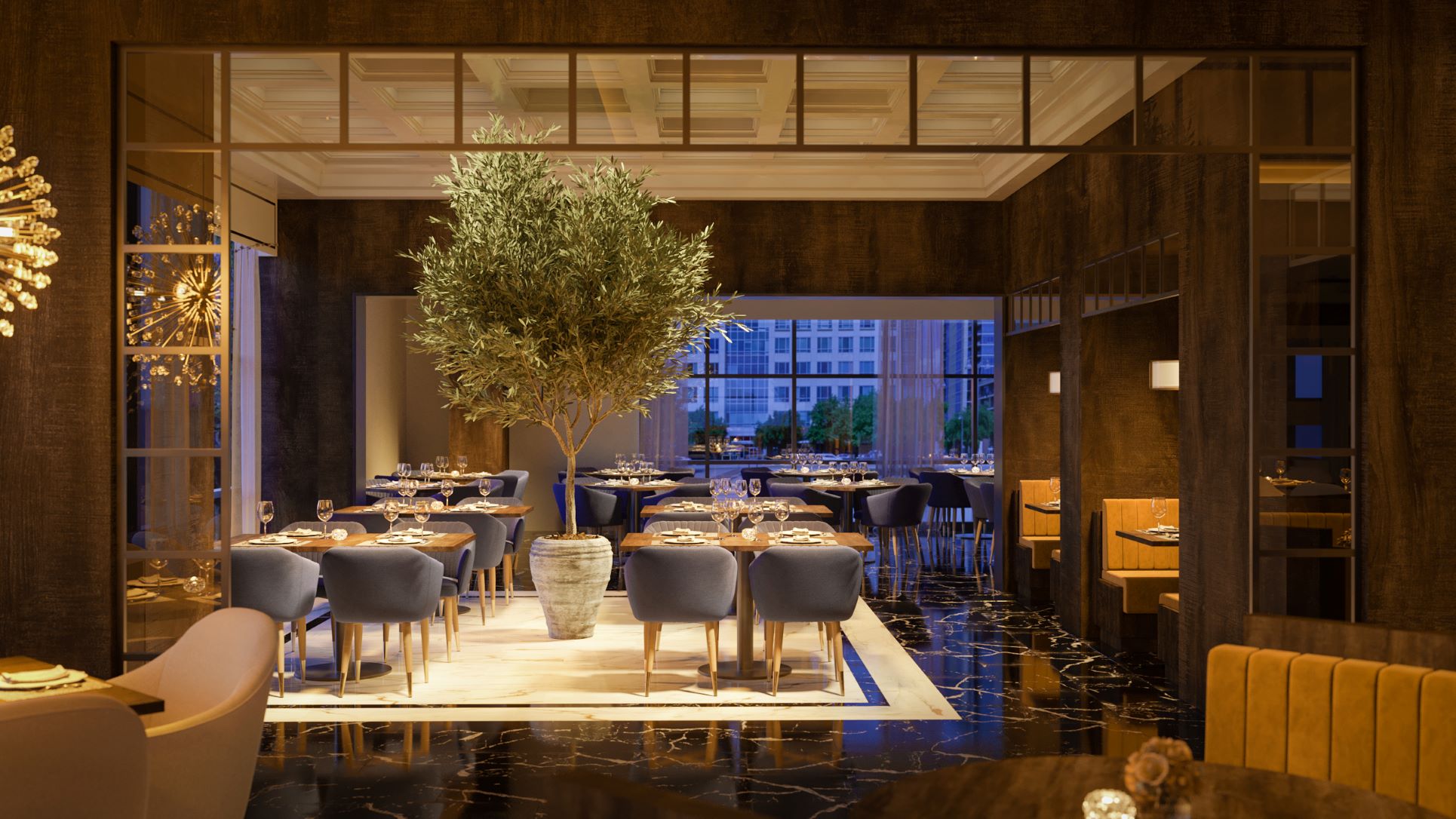 rendering of the main dining room in Plano with a view of booths, tables and chairs, a large interior tree and a view out of the windows