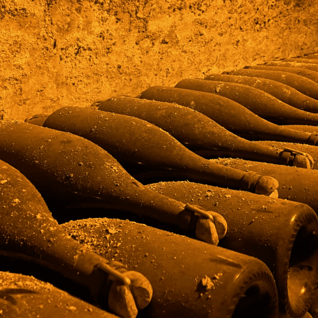 Bollinger Champagne winery photo of wine bottles in the vault with earthy dust covering them