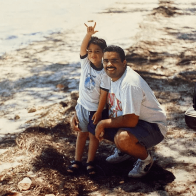 Chef Andrew when he was young boy with his father on the shoreline