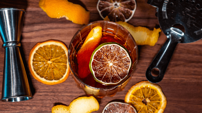 photo of the Rum Fashioned cocktail topped with a dried lime wheel with a jigger and strainer and citrus wheels in the background