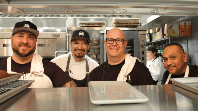 left to right Chefs Samir, Michael, Thomas and Manny with Gracie in the background.