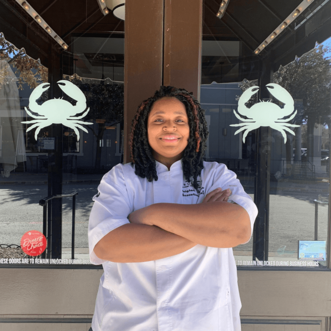 chef Paigton's headshot in front of the entrance to the Southlake location