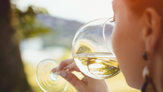 the side of a woman's face while she is drinking a glass of white wine with the vineyard blurred in the background