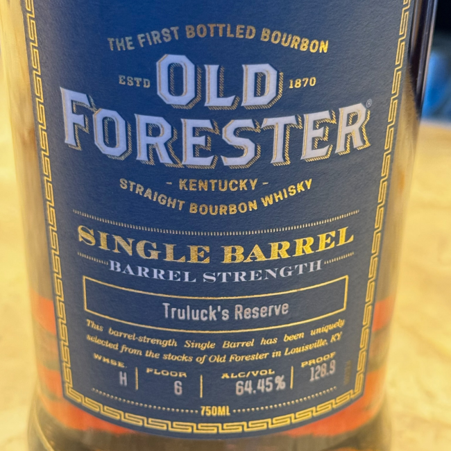 The Old Forester Kentucky straight bourbon Truluck's reserve label in navy and gold.