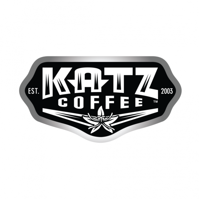 Katz Coffee Est. 2003 logo in black and white with a coffee plant flower at the bottom of the logo