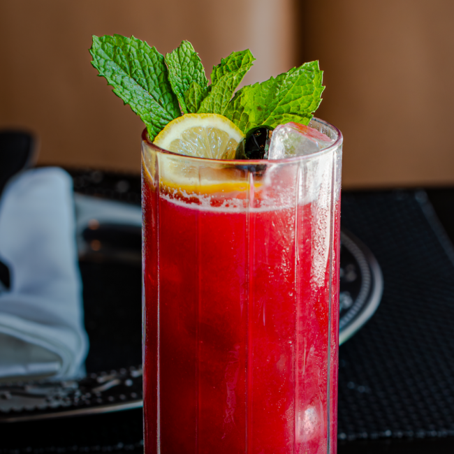 the hibiscus fresca zero proof cocktail topped with a lemon wheel and fresh mint