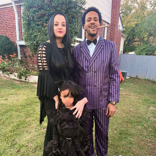 Chef Darryl and his wife and daughter dressed up like the Adams Family for Halloween