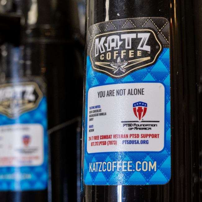 Katz Coffee "you are not alone" coffee benefiting combat veteran PTSD support. ptsdusa.org