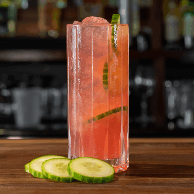 a tall ridged collins style glass filled with ice and a pink orange liquor garnished with several fresh and crisp cucumber slices