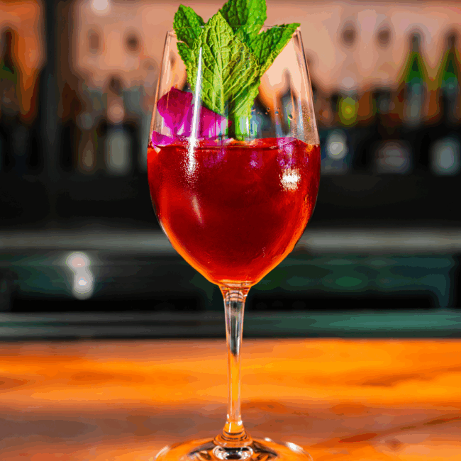 house made sangria wine in a deep red hue served on ice in a wine glass and garnished with a purple orchid and fresh mint