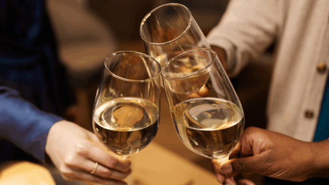 3 wine glasses filled with white wine being clinked together as a toast by 3 people with only their hands showing in the image.