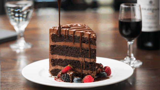 4 layer chocolate cake with chocolate icing on a white plate with fresh berries at the base of the cake and chocolate ganache being drizzled over the top and down the sides of the cake