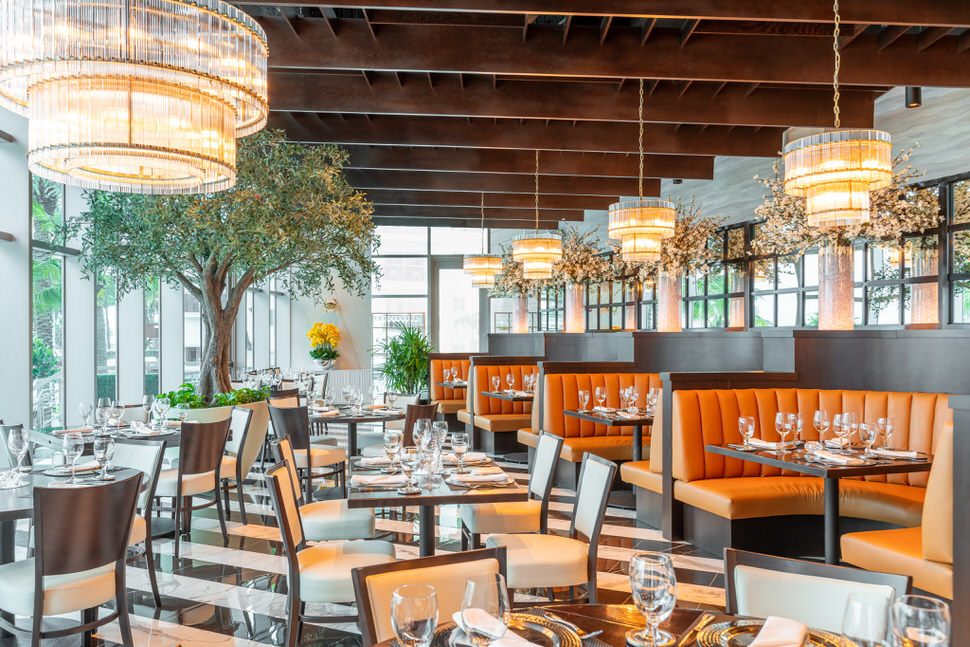 Main dining room at Truluck’s Fort Lauderdale featuring orange leather banquettes, dark wood tables set with wine glasses and polished flatware, dramatic crystal chandeliers, indoor olive trees, and floor-to-ceiling windows filling the space with natural light.