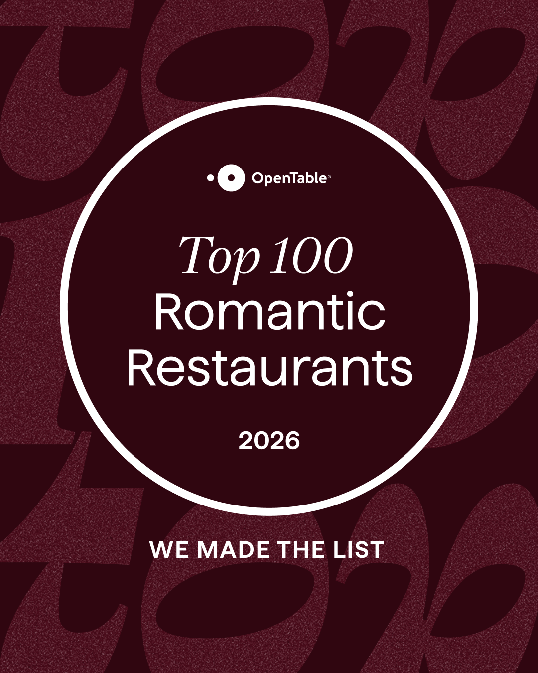 OpenTable Top 100 Romantic Restaurants 2026 award badge on a dark burgundy background with 