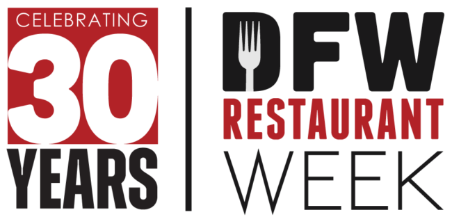 Celebrating 30 Years, DFW Restaurant Week logo with a fork in the D and red, black and white lettering