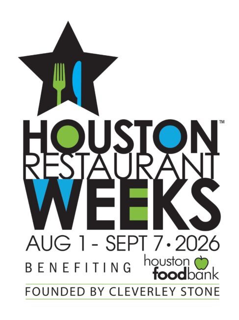 Houston Restaurant Weeks 2026 logo featuring a black star with fork and knife icon, bold “Houston Restaurant Weeks” text, event dates August 1–September 7, 2026, and Houston Food Bank beneficiary logo.