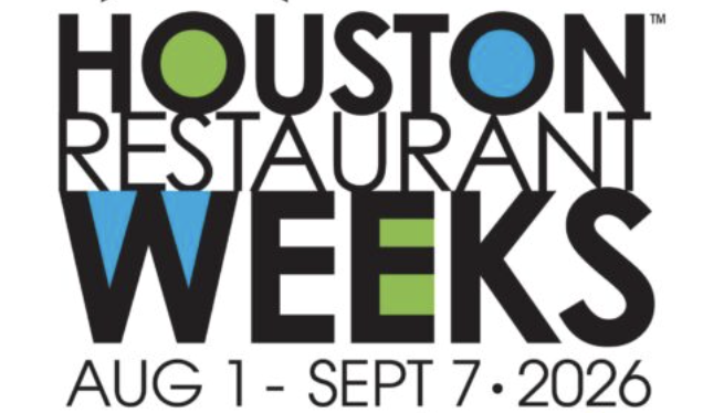 Houston Restaurant Weeks 2026 logo featuring a black star with fork and knife icon, bold “Houston Restaurant Weeks” text, event dates August 1–September 7, 2026, and Houston Food Bank beneficiary logo.